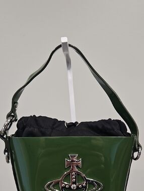 Vivienne Westwood Dark Green Patent Leather Bucket Shoulder Bag with Orb Emblem